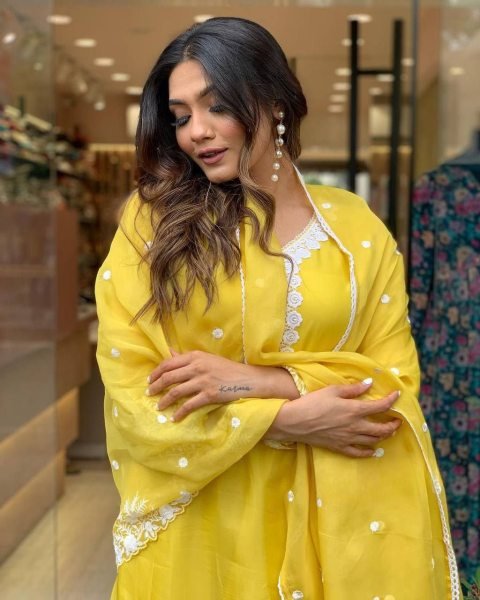 Premium Yellow Georgette Suit with Chanderi Bottom   Embroidery  for Celebrations   Gatherings  3 Piece Kurti Set