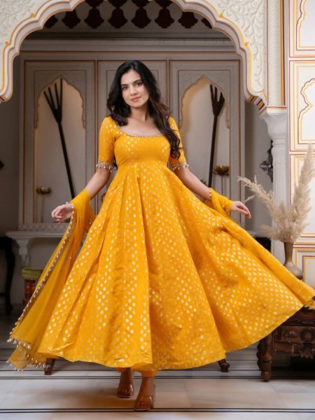 Exclusive Yellow Party Wear Chanderi Jacquard Anarkali Suit for Women Ready To Wear Suit
