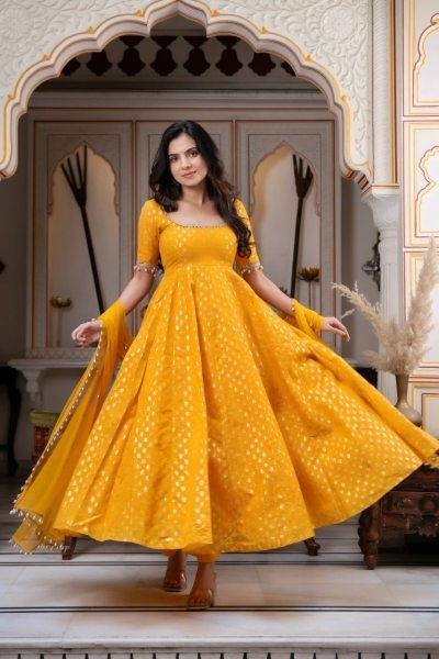 Exclusive Yellow Party Wear Chanderi Jacquard Anarkali Suit for Women Ready To Wear Collection