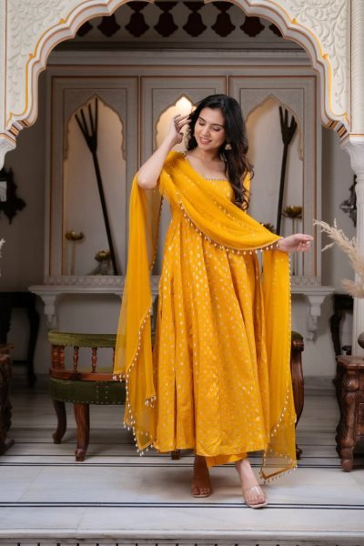 Exclusive Yellow Party Wear Chanderi Jacquard Anarkali Suit for Women Ready To Wear Collection