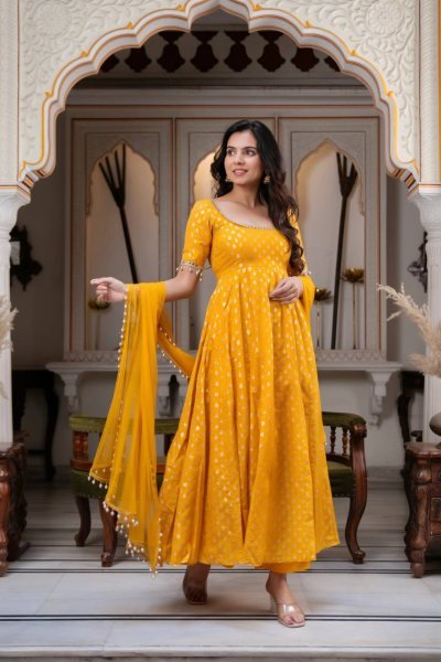 Exclusive Yellow Party Wear Chanderi Jacquard Anarkali Suit for Women Ready To Wear Collection