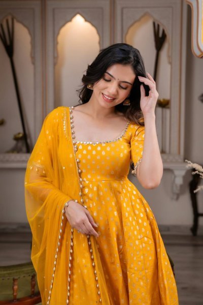 Exclusive Yellow Party Wear Chanderi Jacquard Anarkali Suit for Women Ready To Wear Collection
