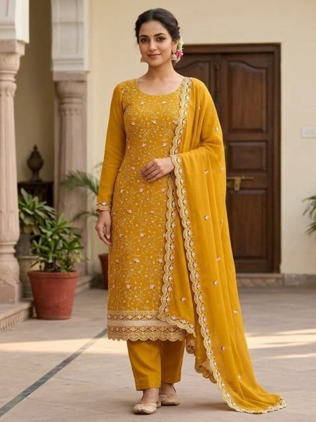 Premium Yellow Vichitra Silk Suit Material with Multi Sequin Embellishment for Celebrations Dress Material 