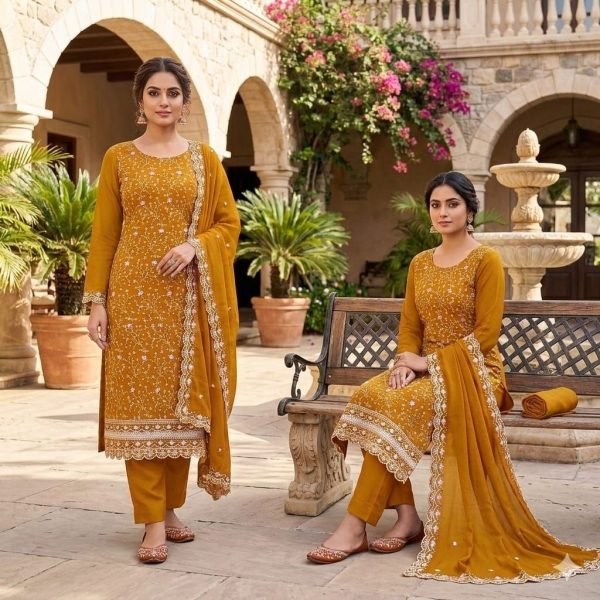 Premium Yellow Vichitra Silk Suit Material with Multi Sequin Embellishment for Celebrations Color Set Matching Dress Material Wholesale