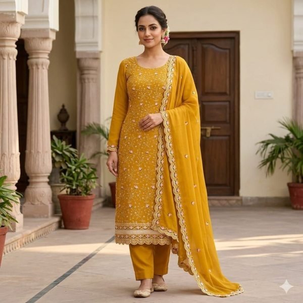 Premium Yellow Vichitra Silk Suit Material with Multi Sequin Embellishment for Celebrations Color Set Matching Dress Material Wholesale