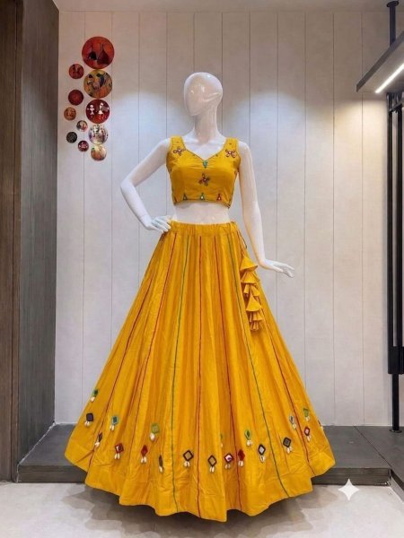 Premium Yellow Women's Rayon Cotton Lehenga Choli with Original Shell Work 