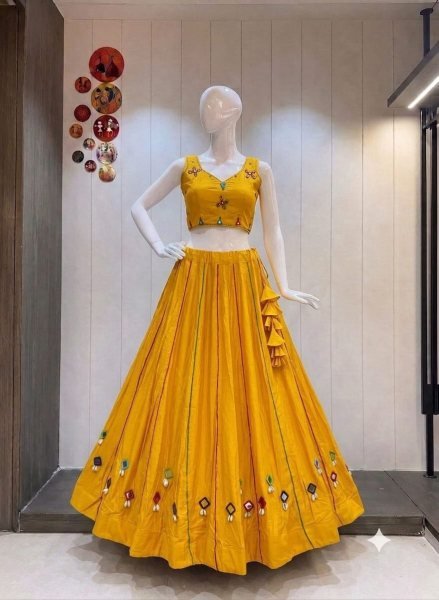 Premium Yellow Women's Rayon Cotton Lehenga Choli with Original Shell Work Navratri Lehnega Choli