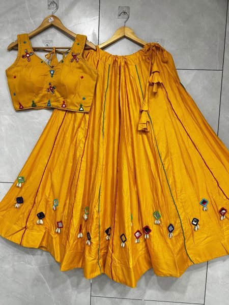 Premium Yellow Women's Rayon Cotton Lehenga Choli with Original Shell Work Navratri Lehnega Choli