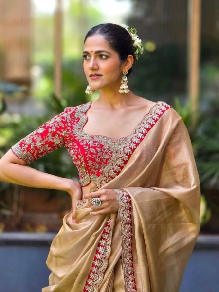 Premium Zoya Gold Soft Tissue Saree With Sequence Embrodery Work  Sarees 