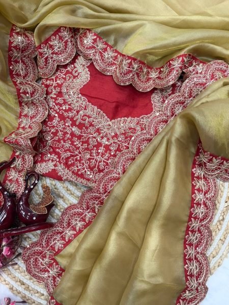 Premium Zoya Gold Soft Tissue Saree With Sequence Embrodery Work  Designer Wedding Sarees Wholesale