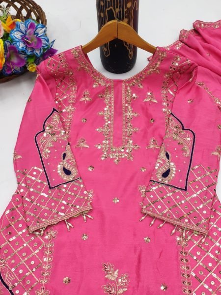 Presenting New Chinon Top Pent and Dupatta Set Fully Stitched Ready To Wear Suit 3 Piece Kurti Set
