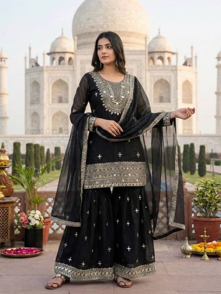 Presenting  New Designer Black Trendy Eid Special Heavy Embroidery Straight Cut Palazzo Suit 