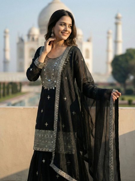 Presenting  New Designer Black Trendy Eid Special Heavy Embroidery Straight Cut Palazzo Suit Ready To Wear Collection