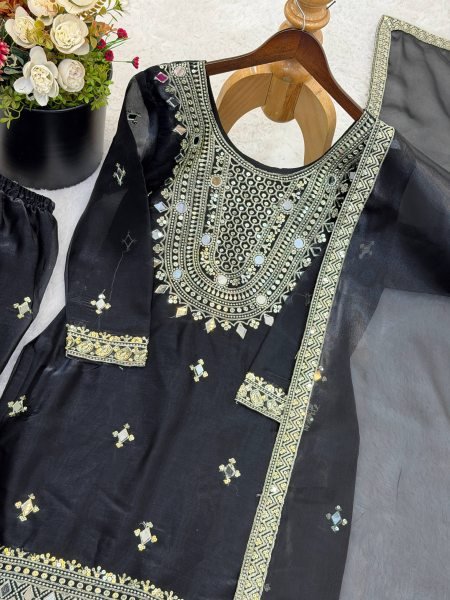 Presenting  New Designer Black Trendy Eid Special Heavy Embroidery Straight Cut Palazzo Suit Ready To Wear Collection