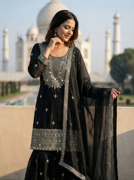 Presenting  New Designer Black Trendy Eid Special Heavy Embroidery Straight Cut Palazzo Suit Ready To Wear Collection