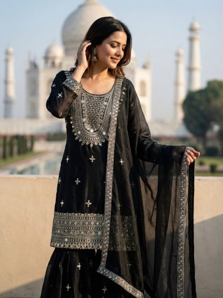 Presenting  New Designer Black Trendy Eid Special Heavy Embroidery Straight Cut Palazzo Suit Ready To Wear Collection