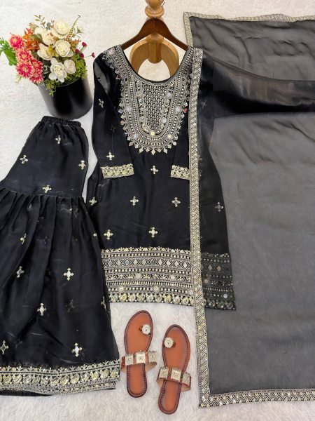 Presenting  New Designer Black Trendy Eid Special Heavy Embroidery Straight Cut Palazzo Suit Ready To Wear Collection