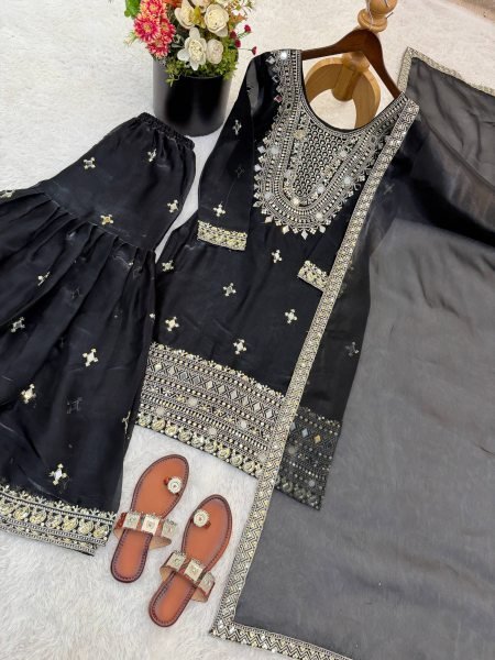 Presenting  New Designer Black Trendy Eid Special Heavy Embroidery Straight Cut Palazzo Suit Ready To Wear Collection