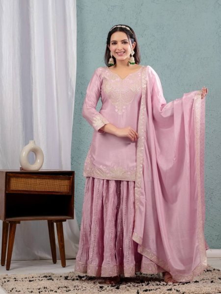 Pretty Baby Pink Color Chinnon Silk Embroidery Sequence Sharara for women 2025 Ready To Wear Collection