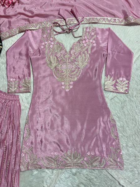 Pretty Baby Pink Color Chinnon Silk Embroidery Sequence Sharara for women 2025 Ready To Wear Collection