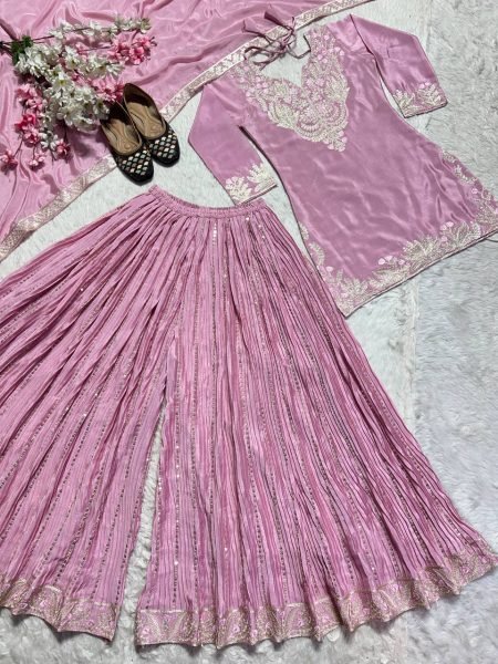 Pretty Baby Pink Color Chinnon Silk Embroidery Sequence Sharara for women 2025 Ready To Wear Collection