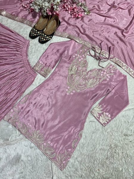 Pretty Baby Pink Color Chinnon Silk Embroidery Sequence Sharara for women 2025 Ready To Wear Collection