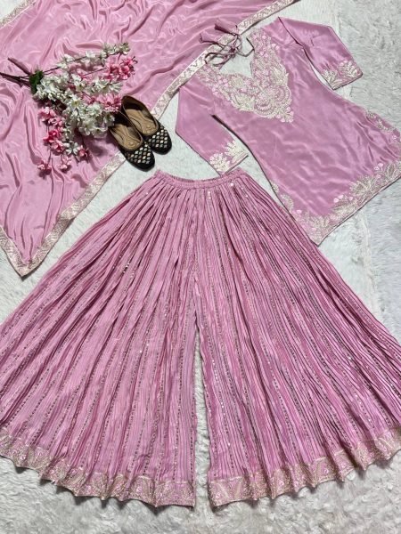 Pretty Baby Pink Color Chinnon Silk Embroidery Sequence Sharara for women 2025 Ready To Wear Collection