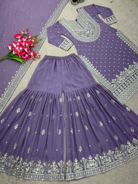 Pretty Light Purple Georgette Embroidery Sequence Salwar Suit Wholesale Price  Ready To Wear Collection
