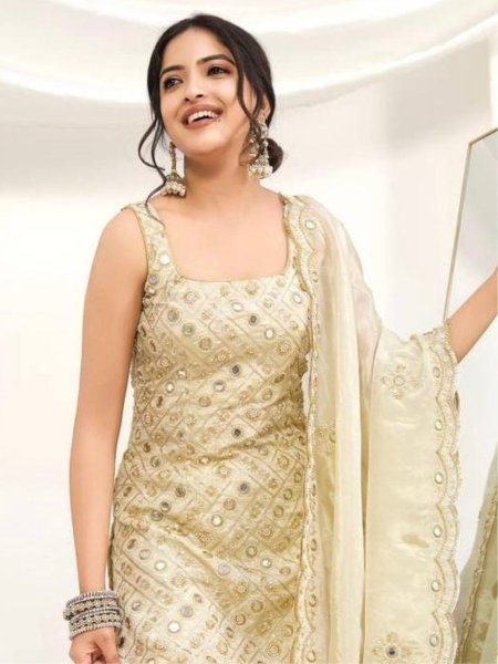 Pretty Luxe Off White Natural Crepe Designer Embroidery Sequence Work Top With 1.6 Meter Flair Palazzo And Dupatta Ready To Wear Suit