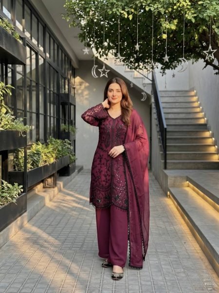 Prime Finish Wine Faux Georgette Embroidered Top Bottom Set with Lace Dupatta Ready To Wear Suit