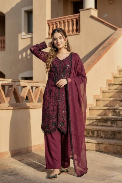 Prime Finish Wine Faux Georgette Embroidered Top Bottom Set with Lace Dupatta Ready To Wear Collection