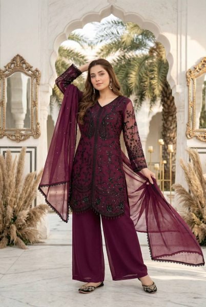 Prime Finish Wine Faux Georgette Embroidered Top Bottom Set with Lace Dupatta Ready To Wear Collection