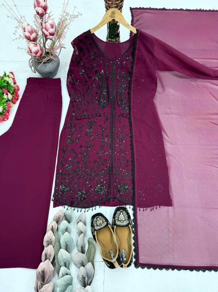 Prime Finish Wine Faux Georgette Embroidered Top Bottom Set with Lace Dupatta Ready To Wear Collection