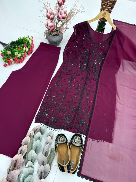 Prime Finish Wine Faux Georgette Embroidered Top Bottom Set with Lace Dupatta Ready To Wear Collection
