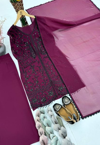 Prime Finish Wine Faux Georgette Embroidered Top Bottom Set with Lace Dupatta Ready To Wear Collection