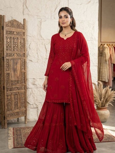 Prime Look Red Georgette Ethnic Sarara Set with Embroidery Work Ready To Wear Suit