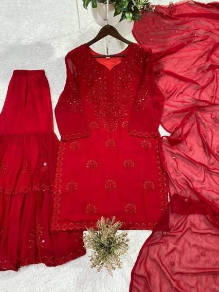 Prime Look Red Georgette Ethnic Sarara Set with Embroidery Work Ready To Wear Collection
