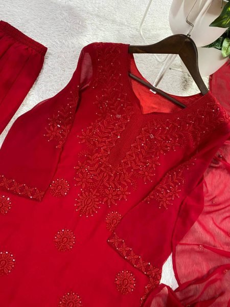 Prime Look Red Georgette Ethnic Sarara Set with Embroidery Work Ready To Wear Collection