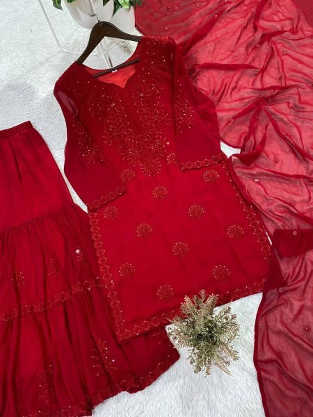 Prime Look Red Georgette Ethnic Sarara Set with Embroidery Work Ready To Wear Collection