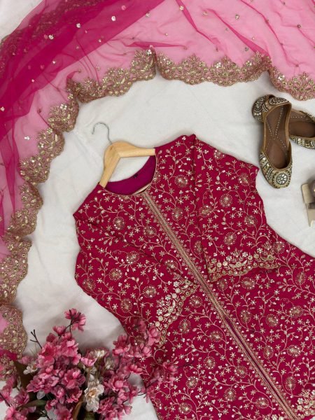 Princess Look Pink Heavy Chinnon Silk Luxury Zari Embroidered Kurti Palazzo Set With Dupatta  Ready To Wear Collection