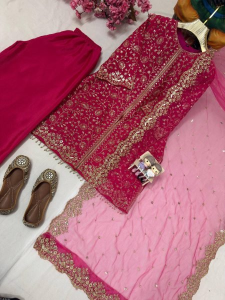 Princess Look Pink Heavy Chinnon Silk Luxury Zari Embroidered Kurti Palazzo Set With Dupatta  Ready To Wear Collection