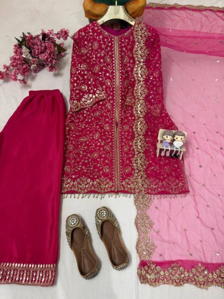 Princess Look Pink Heavy Chinnon Silk Luxury Zari Embroidered Kurti Palazzo Set With Dupatta  Ready To Wear Collection