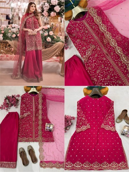 Princess Look Pink Heavy Chinnon Silk Luxury Zari Embroidered Kurti Palazzo Set With Dupatta  Ready To Wear Collection