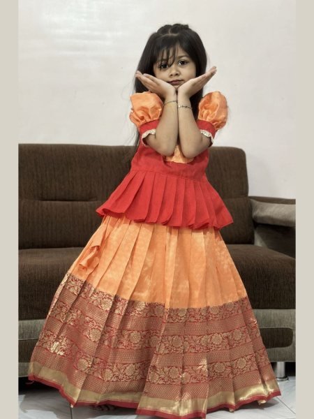 Princess Style Lichi Silk Lehenga for Kids Fully Stitched with Golden Zari Weave Kurtis