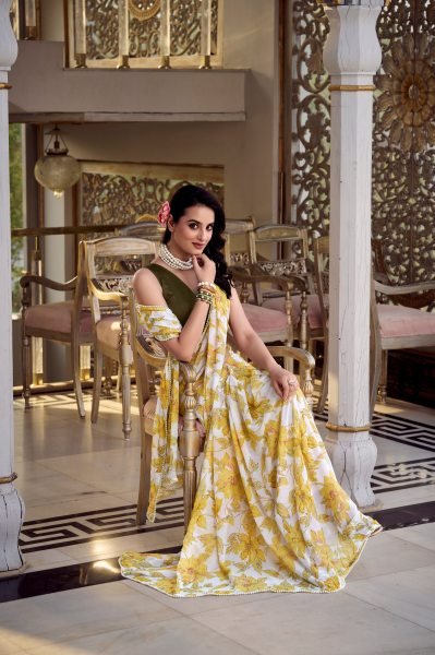 Printed Marble Saree with Pearl Border & Silk Blouse Effortless Elegance Printed Cotton Sarees Wholesale