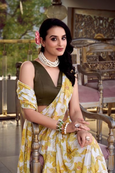 Printed Marble Saree with Pearl Border & Silk Blouse Effortless Elegance Printed Cotton Sarees Wholesale