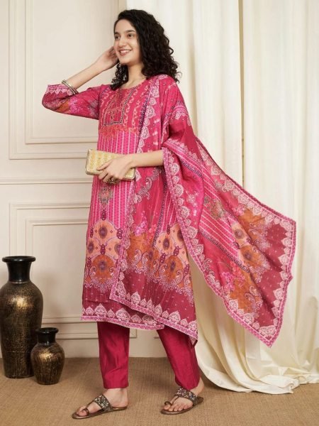 Printed Pure Soft Muslin Pakistani Pink Suit With Dori Embroidery Mirror Work Printed Kurtis