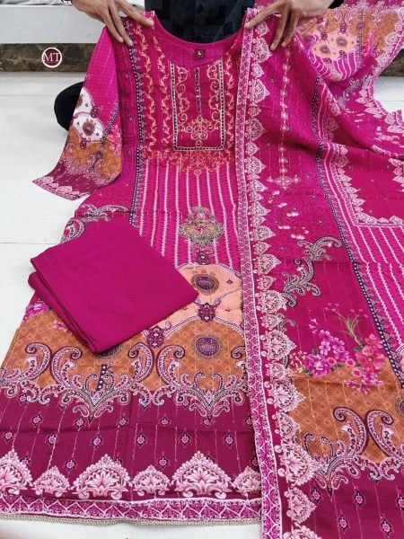 Printed Pure Soft Muslin Pakistani Pink Suit With Dori Embroidery Mirror Work Printed Kurtis