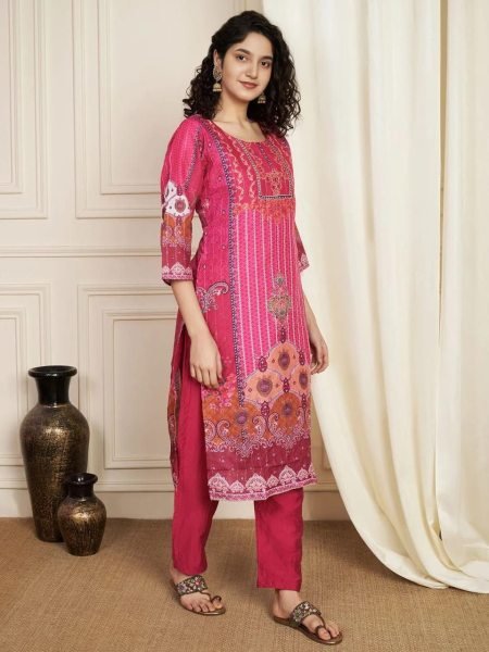 Printed Pure Soft Muslin Pakistani Pink Suit With Dori Embroidery Mirror Work Printed Kurtis