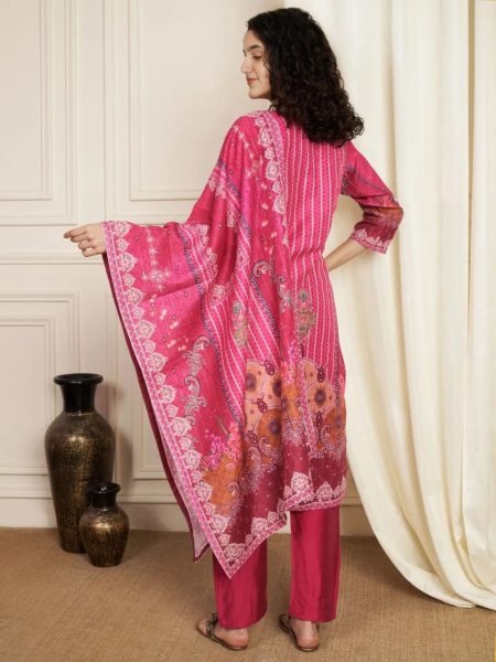 Printed Pure Soft Muslin Pakistani Pink Suit With Dori Embroidery Mirror Work Printed Kurtis